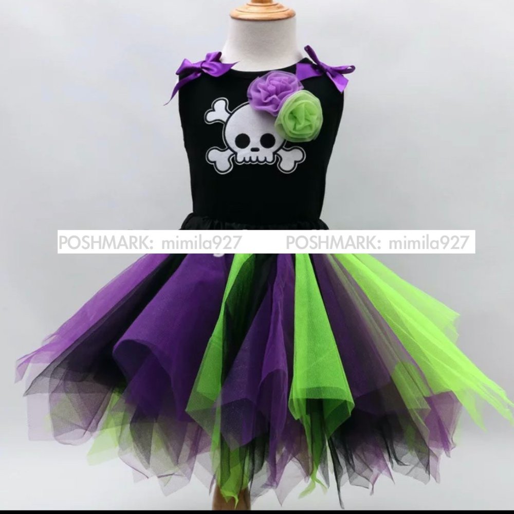 Girl Skeleton Halloween Costume Top +Lace Tutu Set
